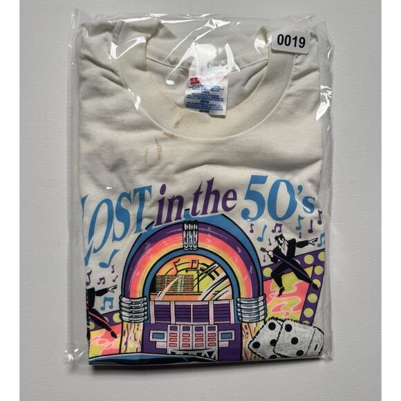 Vintage 90s Lost in the 50s Hot Rod Classic Car Graphic T Shirt Flame Dice L - Picture 7 of 7